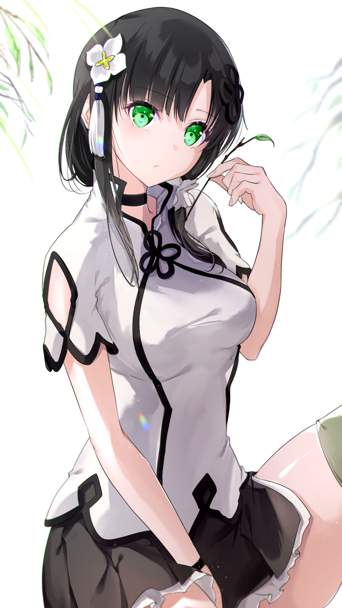 1girl assault_lily black_hair black_skirt blush branch breasts eyebrows_visible_through_hair flower frills green_eyes green_legwear hair_flower hair_ornament highres large_breasts looking_at_viewer meen_(ouaughikepdvrsf) microskirt shiny shiny_hair short_hair simple_background sitting skirt solo thigh-highs wang_yujia white_background