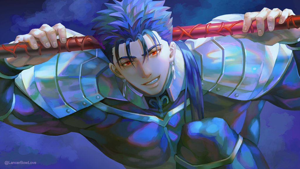 1boy armor blue_bodysuit blue_hair bodysuit closed_mouth cu_chulainn_(fate)_(all) cu_chulainn_(fate/stay_night) derivative_work earrings fang fate/stay_night fate_(series) gae_bolg_(fate) grin holding holding_polearm holding_weapon jewelry kim_yura_(goddess_mechanic) long_hair looking_at_viewer male_focus muscular muscular_male pauldrons polearm ponytail red_eyes screencap_redraw shoulder_armor skin_tight slit_pupils smile solo spiky_hair twitter_username weapon