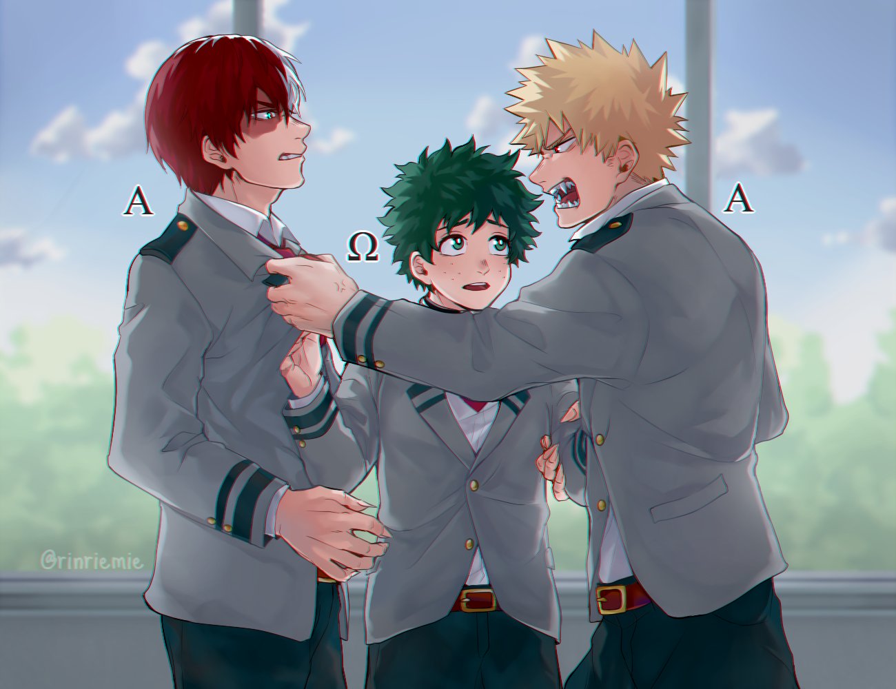 3boys alpha_signature angry bakugou_katsuki bangs belt black_pants blonde_hair blue_eyes boku_no_hero_academia brown_belt brown_jacket collared_shirt cowboy_shot english_commentary freckles green_eyes green_hair grey_eyes grey_jacket jacket long_sleeves looking_at_another male_focus midoriya_izuku multicolored_hair multiple_boys necktie open_mouth pants redhead rin_(rinriemie) school_uniform sharp_teeth shirt short_hair teeth todoroki_shouto twitter_username two-tone_hair u.a._school_uniform white_hair white_shirt window