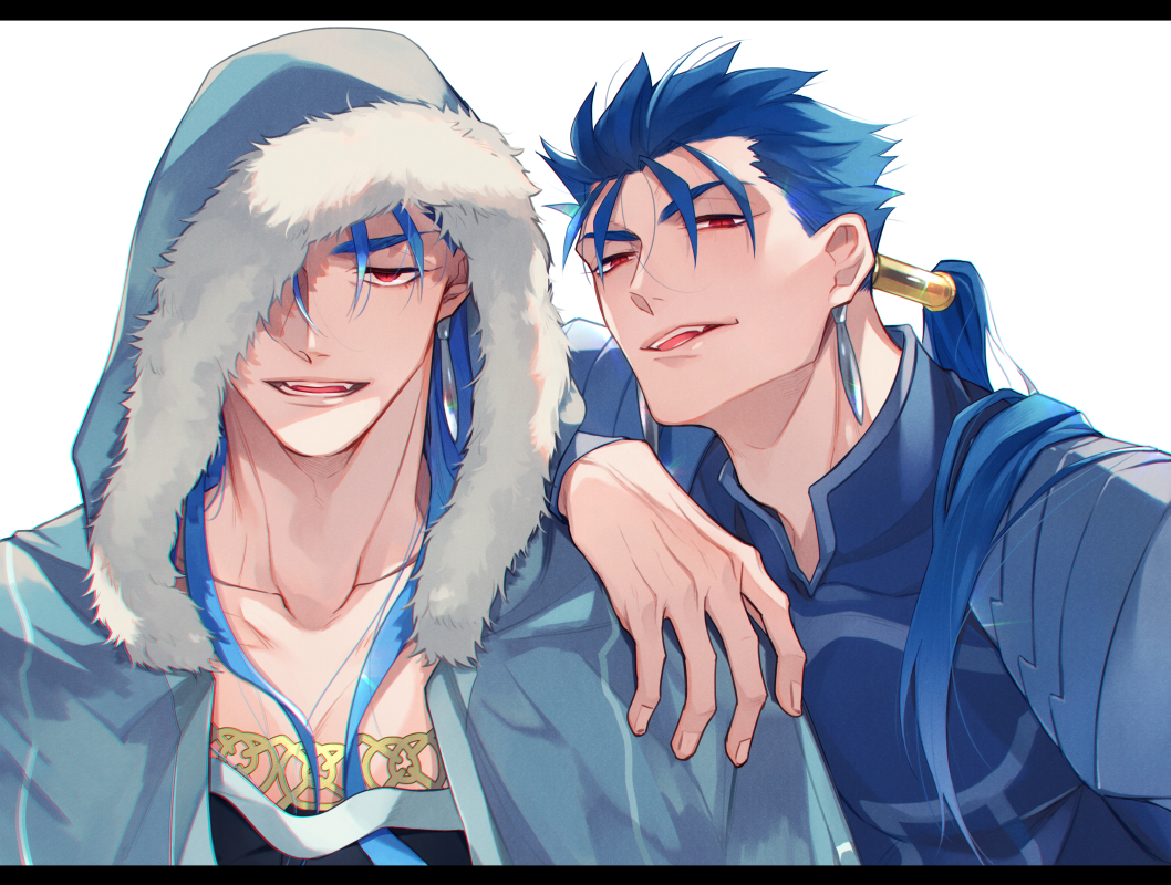 2boys arm_on_shoulder armor blue_bodysuit blue_hair bodysuit collarbone cu_chulainn_(caster)_(fate) cu_chulainn_(fate)_(all) cu_chulainn_(fate/stay_night) earrings fate/grand_order fate/stay_night fate_(series) fingernails fur_trim hair_strand hood jewelry letterboxed long_hair looking_at_viewer makina_(nikki_m7_) male_focus multiple_boys ponytail red_eyes shoulder_armor simple_background smile white_background