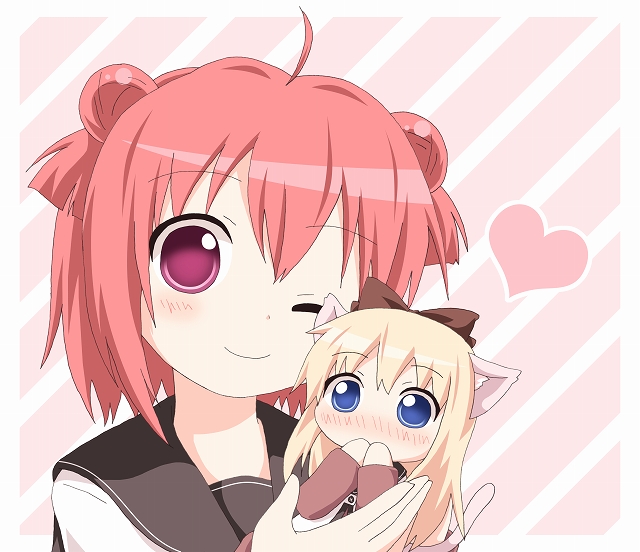 2girls akaza_akari animal animal_ears blonde_hair blue_eyes blush bow cat cat_ears chibi eyebrows_visible_through_hair hands_over_own_mouth heart holding holding_animal holding_cat kagerou_(kers) long_hair minigirl multiple_girls one_eye_closed redhead short_hair simple_background smile toshinou_kyouko violet_eyes yuru_yuri