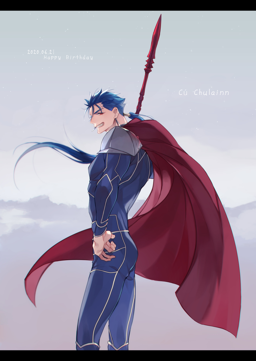 1boy armor blue_bodysuit blue_hair bodysuit cape character_name cigarette cowboy_shot cu_chulainn_(fate)_(all) cu_chulainn_(fate/stay_night) dated fate/stay_night fate_(series) gae_bolg_(fate) grey_background grin hair_strand hand_on_hip happy_birthday highres long_hair male_focus ponytail red_cape red_eyes shoulder_armor smile solo standing x-r5xxxlove