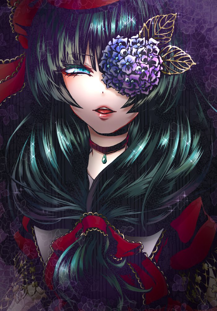 1girl bow choker commentary_request floral_background flower flower_over_eye flower_request front_ponytail glint green_eyes green_hair hair_bow kagiyama_hina long_hair looking_at_viewer parted_lips purple_flower sakihana_sumire_(hujr3577) solo touhou upper_body