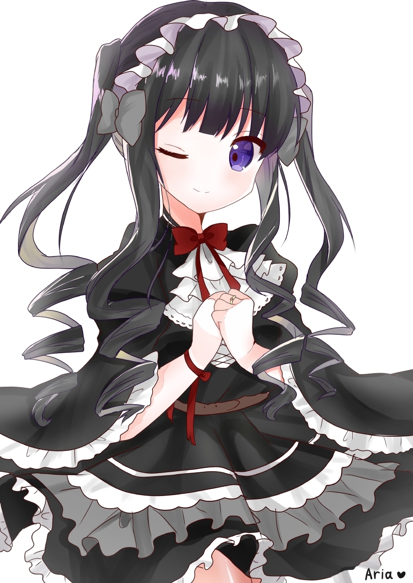 1girl bangs belt black_dress black_hair blunt_bangs blush bow bowtie brown_belt closed_mouth commentary_request cowboy_shot disconnected_mouth doko_ka_no_hosono dress drill_locks eyebrows_visible_through_hair headdress highres jewelry juliet_sleeves long_hair long_sleeves looking_at_viewer one_eye_closed original own_hands_together puffy_sleeves red_bow red_neckwear ring simple_background smile solo twintails violet_eyes white_background wide_sleeves