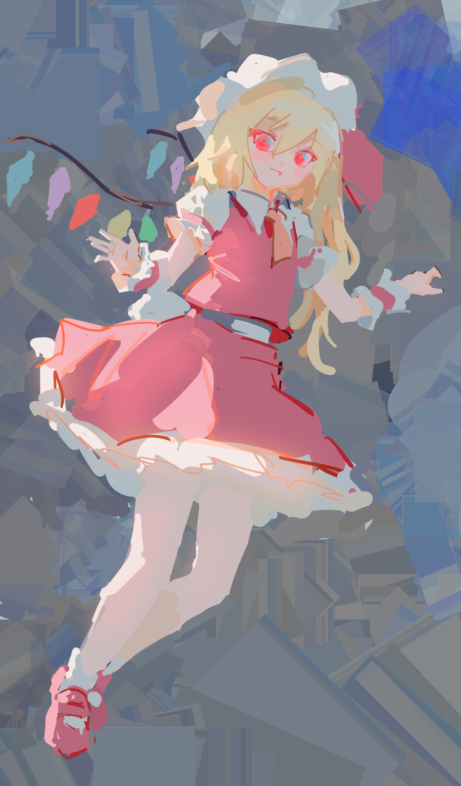 1girl abstract_background ankle_socks ascot backlighting bangs blonde_hair closed_mouth collared_shirt curled_fingers eyebrows_visible_through_hair eyes_visible_through_hair fang fang_out flandre_scarlet frilled_cuffs frills from_below from_side full_body grey_background hair_between_eyes hands_up hat highres leg_up light_blush light_smile long_hair looking_at_viewer looking_down looking_to_the_side mary_janes mob_cap no_lineart one_side_up open_hand orange_neckwear petticoat puffy_short_sleeves puffy_sleeves red_eyes red_footwear red_ribbon red_skirt red_vest reddizen ribbon shirt shoes short_sleeves skirt skirt_set socks solo swept_bangs touhou very_long_hair vest white_headwear white_shirt wing_collar wings wrist_cuffs
