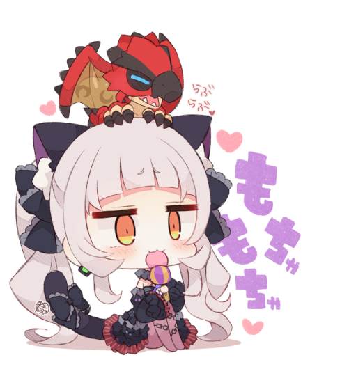 1girl :3 animal_ear_fluff animal_ears animal_on_head black_bow black_dress black_sleeves blush bow brown_legwear cat_ears cat_girl cat_tail character_request chibi closed_eyes detached_sleeves dragon dress eating food frilled_bow frilled_dress frills full_body grey_hair hair_bow heart holding holding_food hololive juliet_sleeves knees_up long_sleeves murasaki_shion muuran no_shoes off-shoulder_dress off_shoulder on_head pantyhose puffy_sleeves signature sitting tail tail_bow tail_ornament translation_request twintails virtual_youtuber white_background