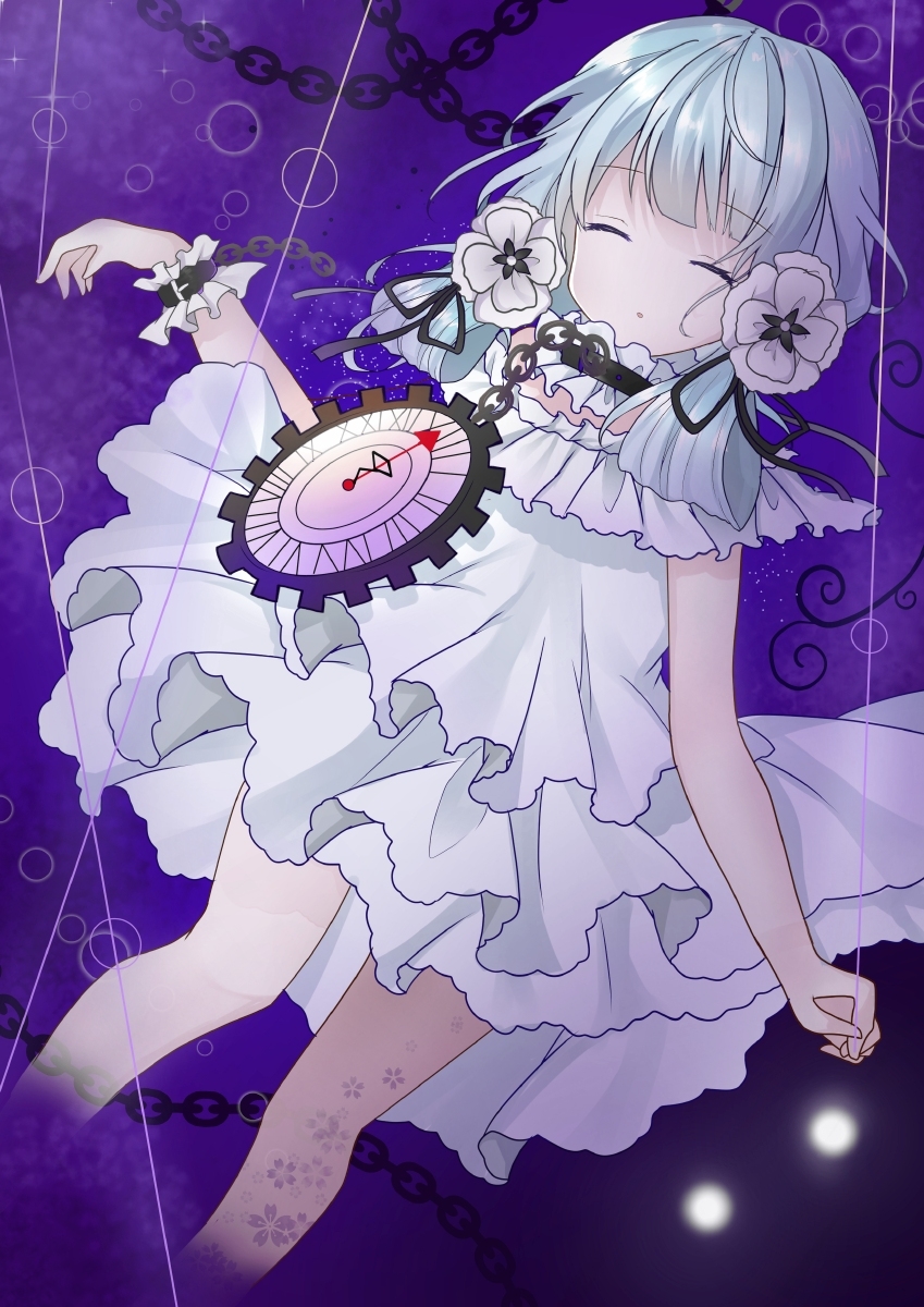 #compass 1girl bangs black_ribbon blue_hair blunt_bangs chain clock closed_eyes commentary coquelicot_blanche doko_ka_no_hosono dress eyebrows_visible_through_hair feet_out_of_frame floral_print flower hair_ribbon highres long_hair open_mouth purple_background ribbon shiny shiny_hair solo white_dress white_flower wrist_cuffs