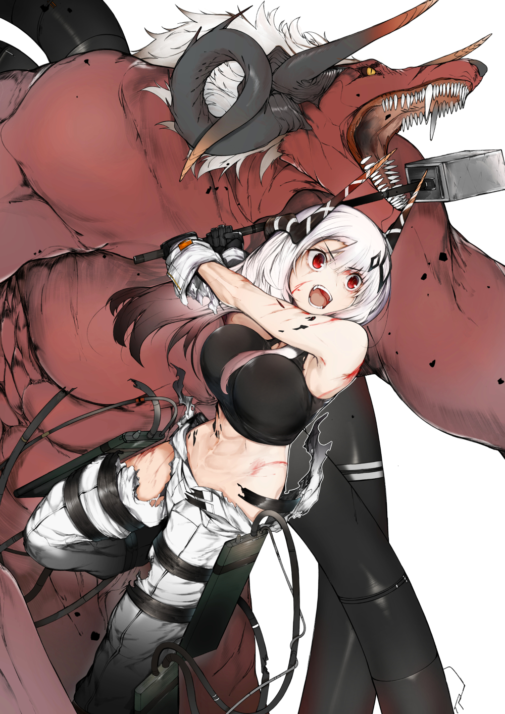 1girl arknights bangs bare_shoulders black_gloves breasts commentary crop_top ekuesu gloves hammer highres holding holding_hammer holding_weapon horns jacket long_hair long_sleeves looking_away medium_breasts midriff mudrock_(arknights) off_shoulder open_clothes open_jacket oripathy_lesion_(arknights) parted_lips pointy_ears red_eyes sarashi silver_hair solo sports_bra torn_clothes weapon white_background white_jacket