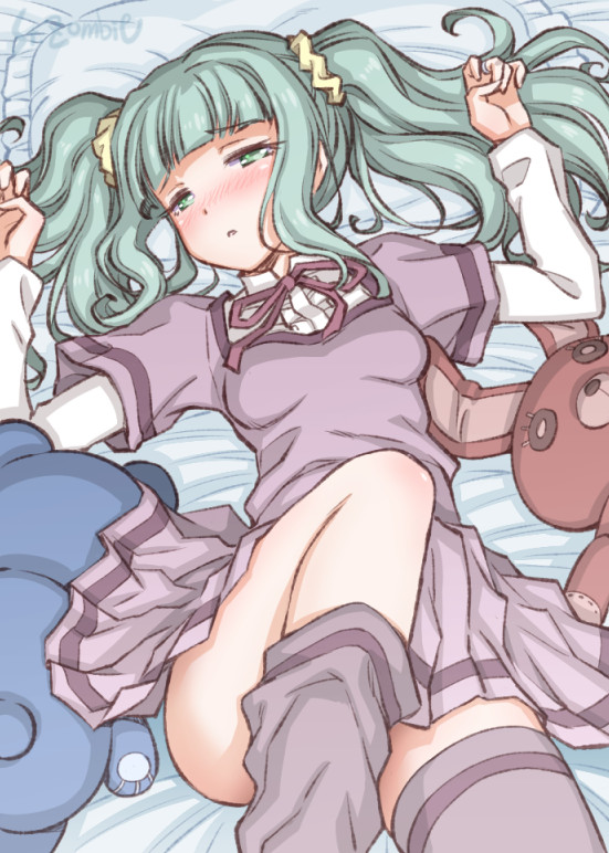 1girl arms_at_sides artist_name bangs bed bed_sheet blunt_bangs blush breasts center_frills dot_nose eyebrows_visible_through_hair eyelashes feet_out_of_frame frills from_below furrowed_brow futaba_sana green_eyes green_hair grey_legwear half-closed_eyes hand_rest head_tilt high_collar knee_up layered_sleeves legwear_removed long_eyelashes long_sleeves looking_at_viewer loose_thighhigh lying magia_record:_mahou_shoujo_madoka_magica_gaiden mahou_shoujo_madoka_magica messy_hair mizuna_girls'_academy_uniform neck_ribbon on_back on_bed parted_lips pillow pleated_skirt purple_ribbon purple_skirt ribbon school_uniform scrunchie short_over_long_sleeves short_sleeves shy sidelocks skirt small_breasts solo studiozombie stuffed_animal stuffed_bunny stuffed_toy teddy_bear thigh-highs thighs twintails under_boob wavy_hair yellow_scrunchie zettai_ryouiki
