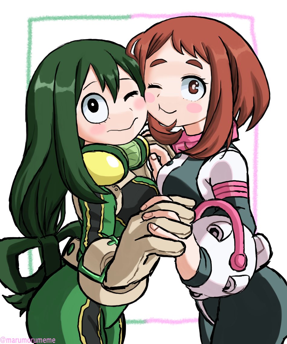 2girls asui_tsuyu boku_no_hero_academia brown_eyes brown_hair face-to-face green_hair hair_between_eyes holding_hands long_hair looking_at_viewer one_eye_closed short_hair simple_background smile white_background