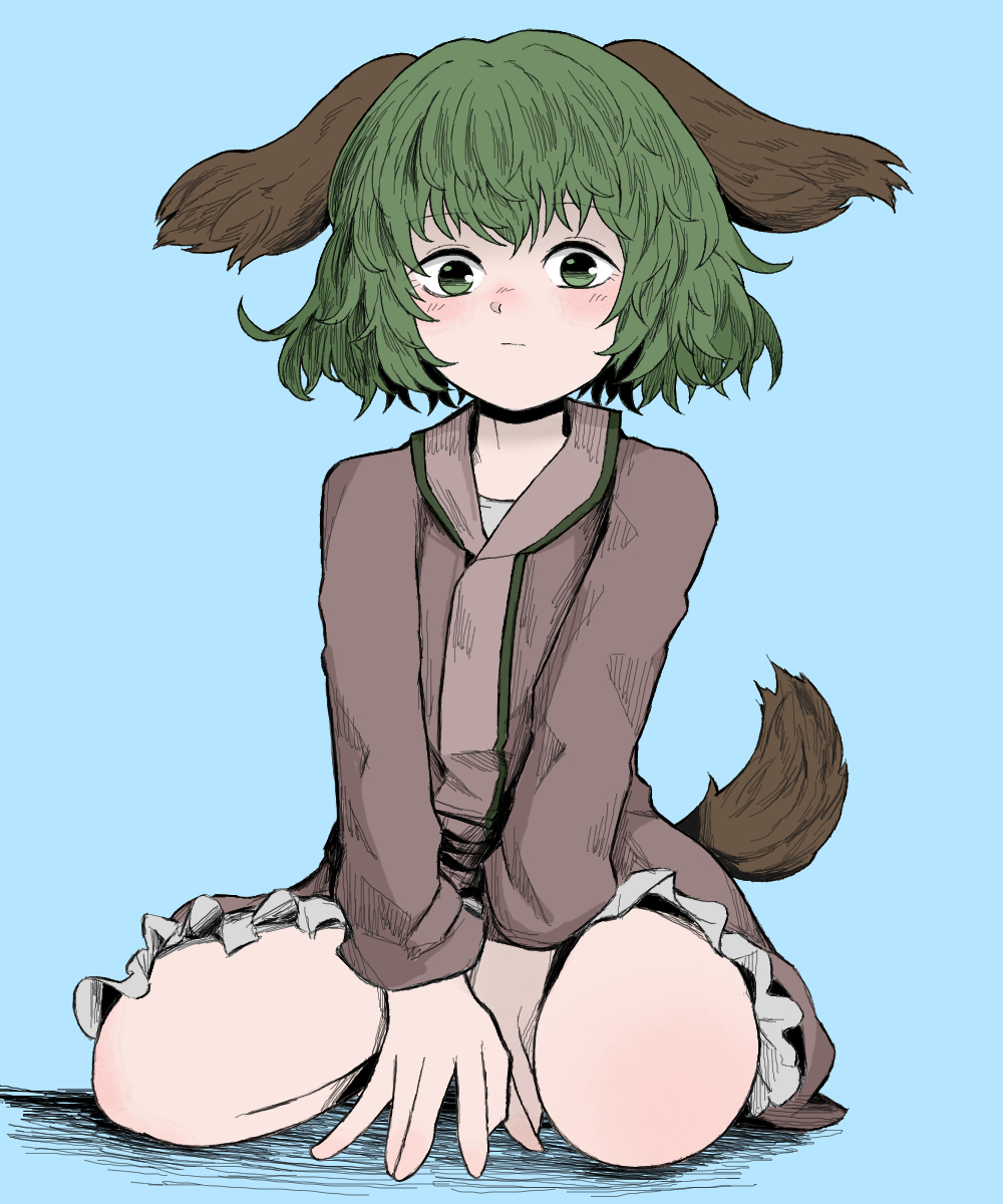 1girl animal_ears bangs blue_background closed_mouth dog_ears dog_tail dress eyebrows_visible_through_hair fe_(tetsu) frilled_dress frills full_body green_eyes green_hair highres kasodani_kyouko long_sleeves looking_at_viewer short_hair simple_background sitting solo tail touhou v_arms wolf_tail