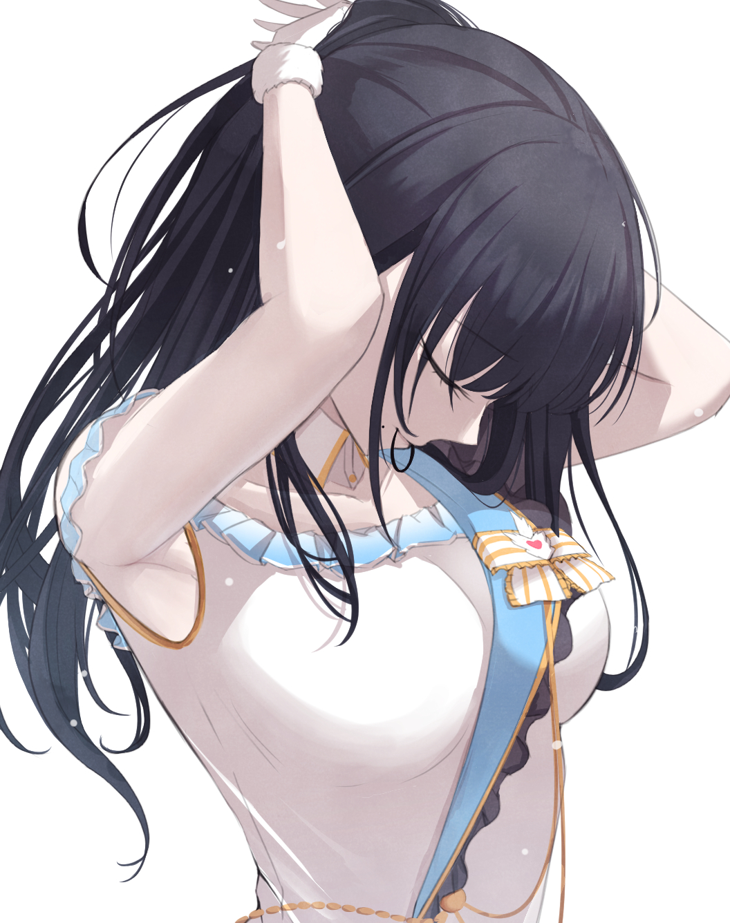 1girl adjusting_hair alternate_breast_size armpits arms_behind_head arms_up bangs black_hair bow breasts closed_mouth collared_dress dress eyebrows_visible_through_hair fur-trimmed_gloves fur_trim gloves hair_tie half_gloves head_down heart highres idolmaster idolmaster_shiny_colors k-chitsu kazano_hiori medium_breasts mole mole_under_mouth mouth_hold short_sleeves sidelocks simple_background solo striped striped_bow upper_body white_background white_dress white_gloves