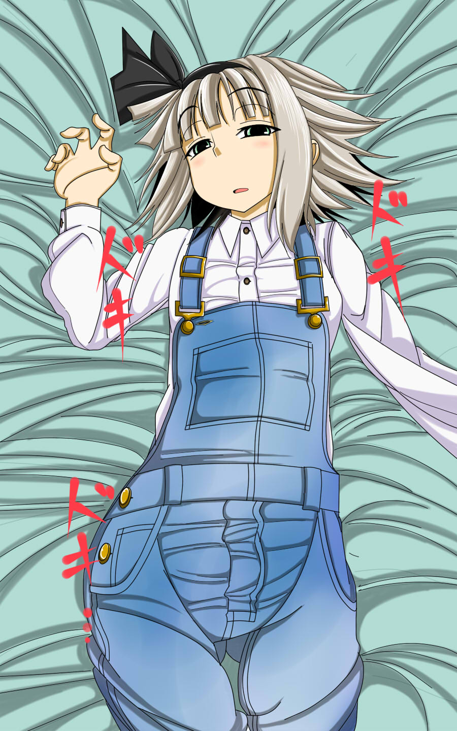 1girl alternate_costume blush eyebrows_visible_through_hair green_eyes hairband highres konpaku_youmu long_sleeves looking_at_viewer lying mutsunari_(crim0718) open_mouth overalls shirt short_hair silver_hair sleepy solo touhou white_hair white_shirt