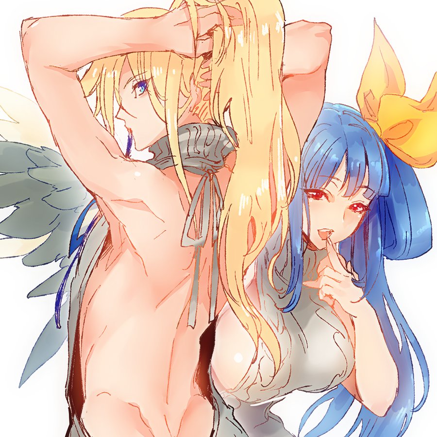 1boy 1girl angel_wings arms_up asymmetrical_wings back bangs blonde_hair blue_eyes blush breasts couple dizzy_(guilty_gear) eyebrows_visible_through_hair finger_to_mouth grey_sweater guilty_gear guilty_gear_xrd hair_ribbon husband_and_wife kin_mokusei ky_kiske large_breasts long_hair looking_at_viewer looking_back meme_attire open_mouth ponytail red_eyes ribbon seductive_smile sideboob simple_background smile sweater tied_hair twintails virgin_killer_sweater white_background wings yellow_ribbon