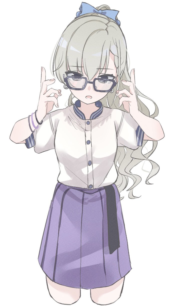 1girl bangs black-framed_eyewear blue_bow bow braid braided_bangs commentary_request cropped_legs eyebrows_visible_through_hair glasses grey_eyes grey_hair hair_between_eyes hair_bow hands_up highres hisakawa_hayate idolmaster idolmaster_cinderella_girls idolmaster_cinderella_girls_starlight_stage long_hair looking_at_viewer open_mouth pleated_skirt ponytail puffy_short_sleeves puffy_sleeves purple_skirt shirt shiwa_(siwaa0419) short_sleeves simple_background skirt solo very_long_hair white_background white_shirt