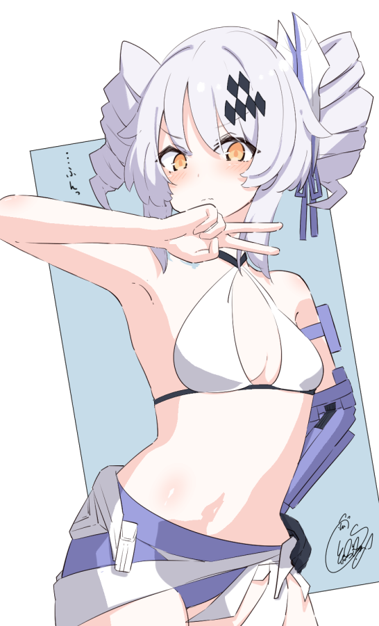 1girl armpits bangs bare_arms bare_shoulders beni_shake bikini blue_background blush breasts closed_mouth commentary_request cowboy_shot drill_hair eyebrows_visible_through_hair grey_hair hair_ornament hand_up karenina_(punishing:_gray_raven) looking_at_viewer orange_eyes punishing:_gray_raven signature small_breasts solo swimsuit twin_drills twintails two-tone_background v wavy_mouth white_background white_bikini