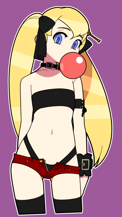 1girl arm_behind_back arm_strap bandeau bangs black_choker black_legwear black_panties black_ribbon blue_eyes bubble_blowing chewing_gum choker covenanter_(kehotank) covenanter_(tank)_(personification) cowboy_shot flat_chest frilled_cuffs hair_ribbon headgear highleg highleg_panties looking_at_viewer micro_shorts navel open_fly original outline panties purple_background red_shirt revealing_clothes ribbon shirt shorts simple_background solo soumu_(kehotank) standing thigh-highs twintails underwear white_outline