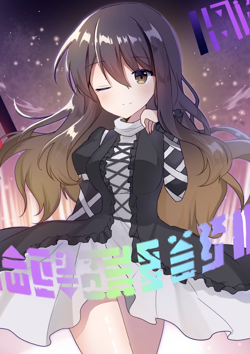 1girl bangs blush breasts brown_eyes brown_hair closed_mouth contrapposto cowboy_shot cross-laced_clothes doko_ka_no_hosono dress eyebrows_visible_through_hair gradient_hair hair_between_eyes highres hijiri_byakuren juliet_sleeves layered_dress long_hair long_sleeves looking_at_viewer medium_breasts multicolored_hair one_eye_closed puffy_sleeves purple_hair shiny shiny_hair smile solo sorcerer's_sutra_scroll touhou turtleneck_dress two-tone_hair white_dress