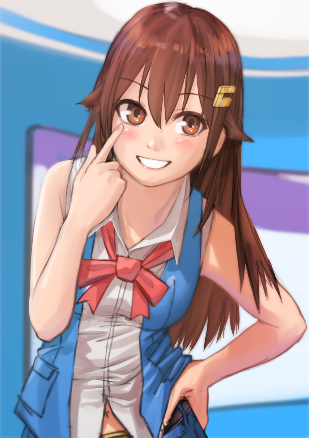 1girl breasts brown_eyes brown_hair hair_flaps hair_ornament hairclip highres hololive kirie_kairi long_hair looking_at_viewer ribbon sleeveless smile solo teeth tokino_sora virtual_youtuber