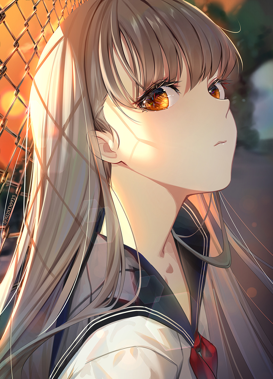 1girl bangs blurry blurry_background brown_eyes brown_hair chain-link_fence closed_mouth collarbone copyright_request dai_nikucho fence from_side highres light long_hair looking_at_viewer outdoors red_neckwear red_ribbon ribbon sailor_collar school_uniform serafuku shirt solo sunset twitter_username upper_body white_shirt