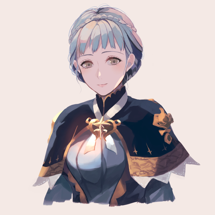 1girl blue_hair blush braid brown_eyes closed_mouth crown_braid cute dress fire_emblem fire_emblem:_three_houses fire_emblem:_three_houses fire_emblem_16 intelligent_systems kabitakamaboko long_hair long_sleeves marianne_von_edmund nintendo simple_background smile solo timeskip upper_body young_adult