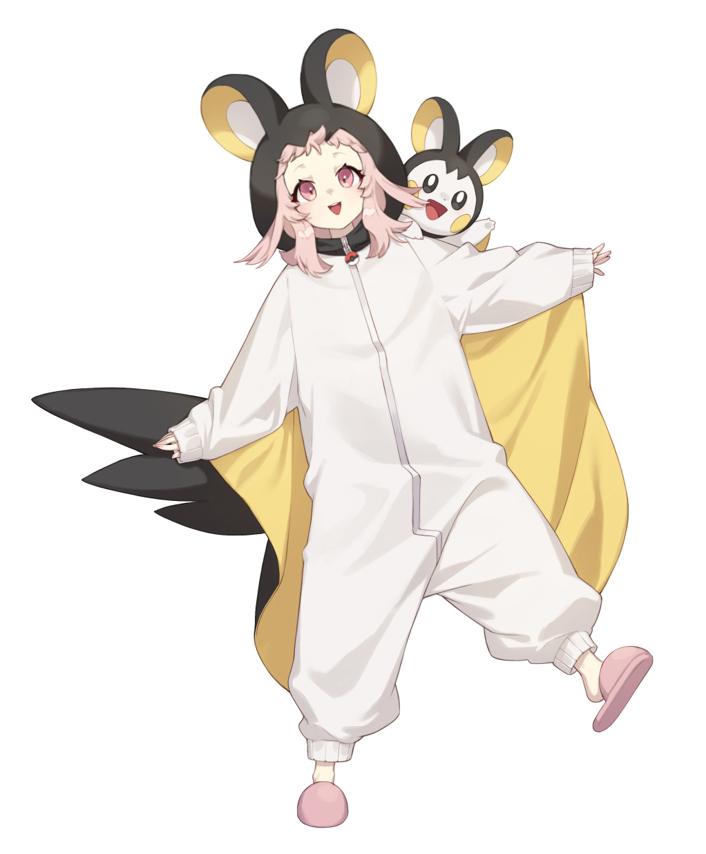 1girl :d bangs blush commentary_request emolga eyelashes floating_hair gen_5_pokemon highres hood hood_up long_hair long_sleeves mongguri onesie open_mouth original pink_eyes pink_footwear pink_hair pokemon pokemon_(creature) pokemon_on_back simple_background sleeves_past_wrists slippers smile themed_object tongue upper_teeth white_background zipper_pull_tab