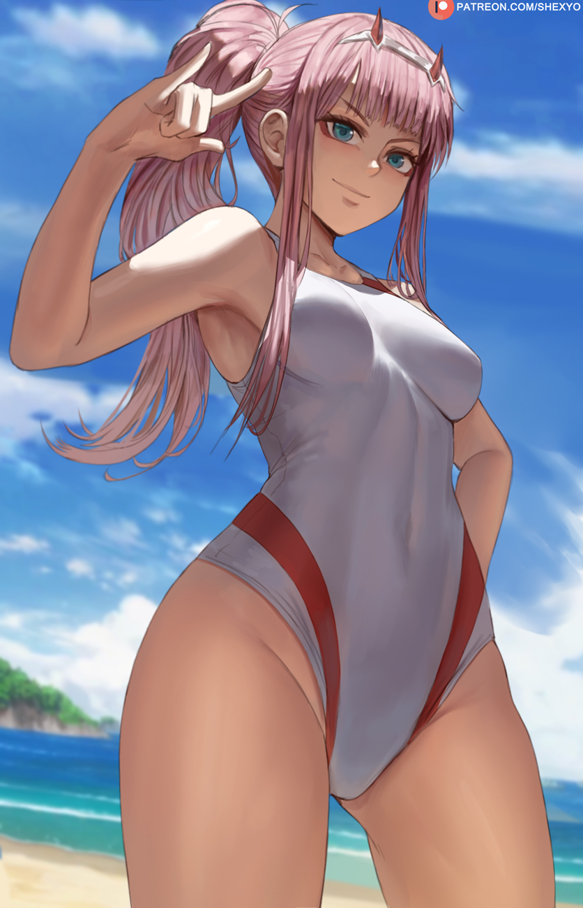 1girl arm_behind_back bare_shoulders beach blue_eyes breasts darling_in_the_franxx highres long_hair looking_at_viewer looking_down medium_breasts pink_hair ponytail shexyo smile solo thighs zero_two_(darling_in_the_franxx)