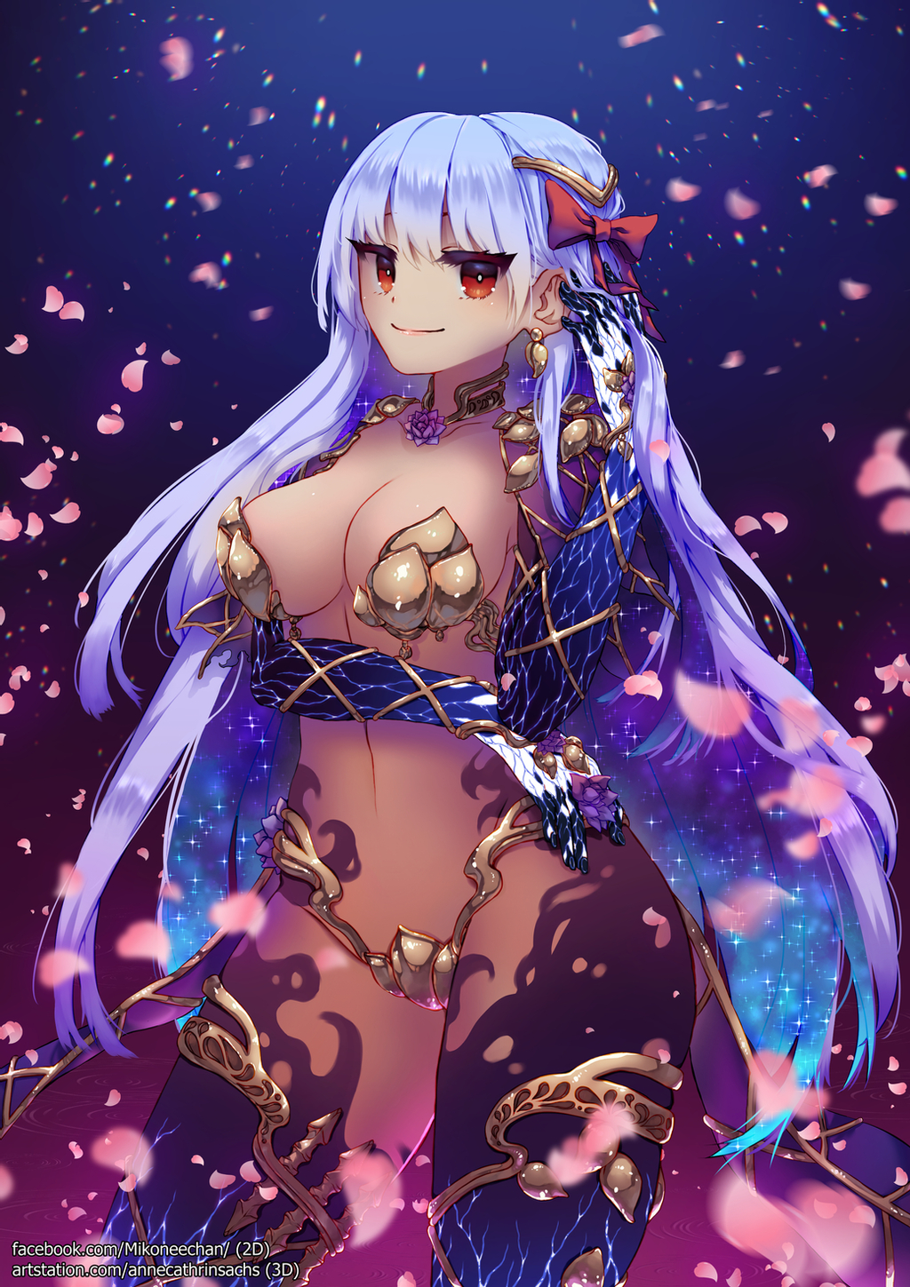 1girl demon_girl earrings falling fate/grand_order fate_(series) flower hair_ribbon highres jewelry kama_(fate) long_hair looking_at_viewer lotus mikonee-chan petals red_eyes revealing_clothes ribbon very_long_hair white_hair