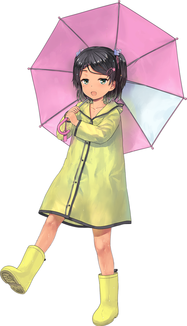 1girl :d black_hair child collarbone female hair_ornament holding_umbrella kantai_collection looking_at_viewer official_art open_mouth pink_umbrella raincoat short_hair solo transparent_background yellow_boots