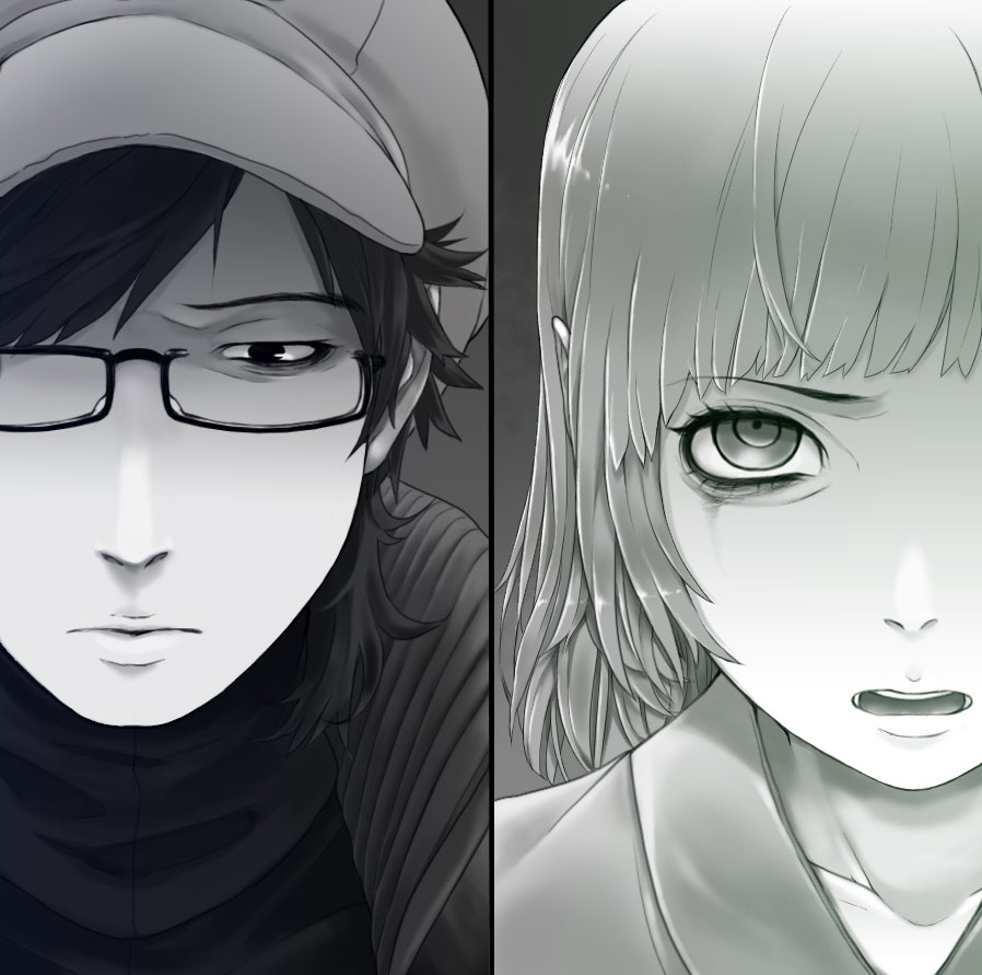 1boy 1girl bangs cabbie_hat closed_mouth commentary_request eyebrows_visible_through_hair glasses hat jacket looking_at_viewer medium_hair mizuhashi_parsee monochrome open_mouth original sakai-saka semi-rimless_eyewear shirt short_hair split_screen touhou turtleneck under-rim_eyewear upper_body