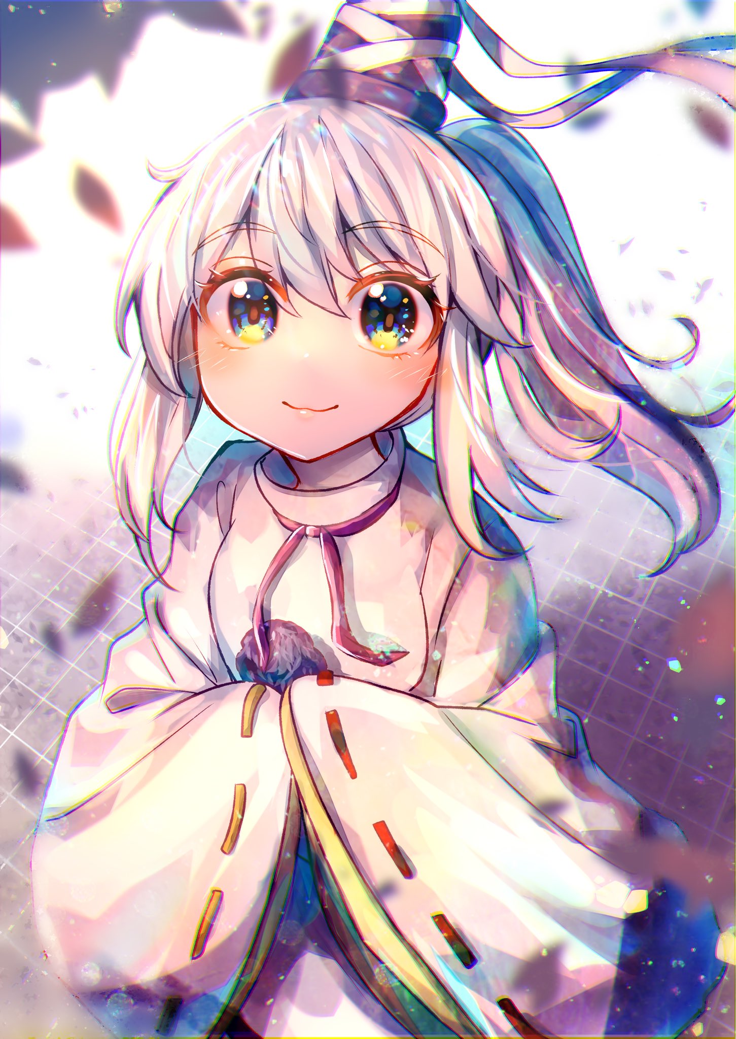 1girl :3 bangs blue_eyes blurry blurry_foreground closed_mouth eyebrows_visible_through_hair hat highres itsumizu japanese_clothes kariginu long_hair long_sleeves looking_at_viewer mononobe_no_futo petals pom_pom_(clothes) ponytail ribbon-trimmed_sleeves ribbon_trim silver_hair smile solo tate_eboshi touhou wide_sleeves