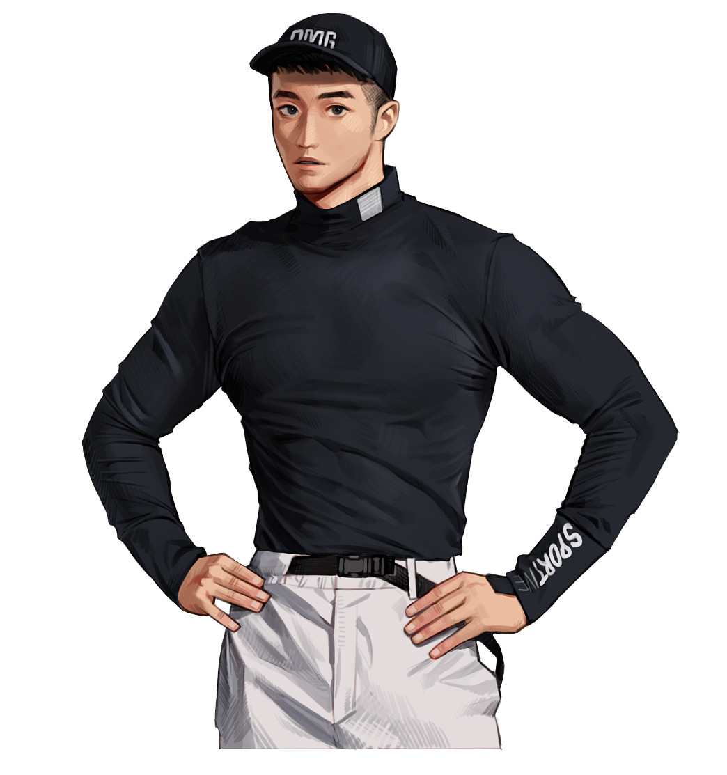 1boy baseball_cap belt black_headwear black_shirt hands_on_hips hat long_sleeves male_focus muscular muscular_male original pants parted_lips print_headwear rinotuna shadow shirt simple_background solo white_background white_pants