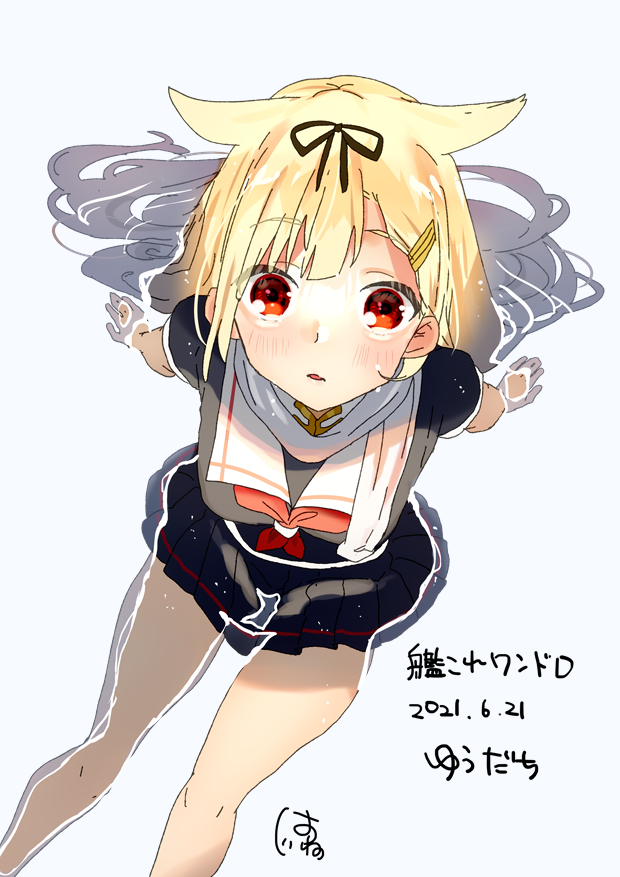 1girl arm_support black_ribbon black_serafuku black_skirt blonde_hair character_name dated feet_out_of_frame hair_flaps hair_ornament hair_ribbon hairclip kantai_collection long_hair looking_at_viewer neckerchief one-hour_drawing_challenge oriharaizaya819 partially_submerged perspective pleated_skirt red_eyes red_neckwear remodel_(kantai_collection) ribbon sailor_collar scarf school_uniform serafuku simple_background sitting skirt solo water white_background white_sailor_collar white_scarf yuudachi_(kancolle)