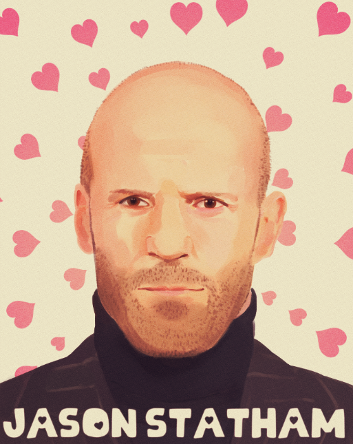 1boy bald brown_eyes brown_hair character_name closed_mouth commentary_request facial_hair heart heart_background jason_statham looking_at_viewer niku-q_owata real_life solo stubble turtleneck upper_body