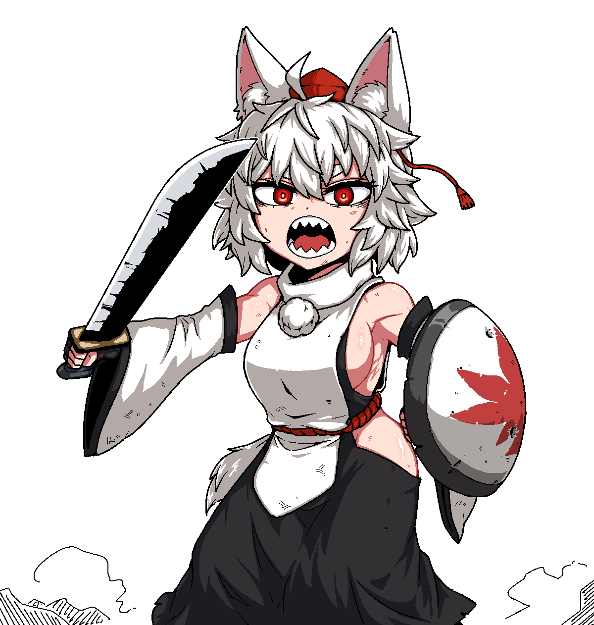 1girl angry animal_ears armpits ass bare_shoulders blush breasts detached_sleeves formicid hat highres holding holding_weapon inubashiri_momiji leaf maple_leaf open_mouth red_eyes sharp_teeth shield short_hair sideboob skirt solo sword tail teeth thighs tokin_hat touhou weapon white_hair wolf_ears wolf_tail