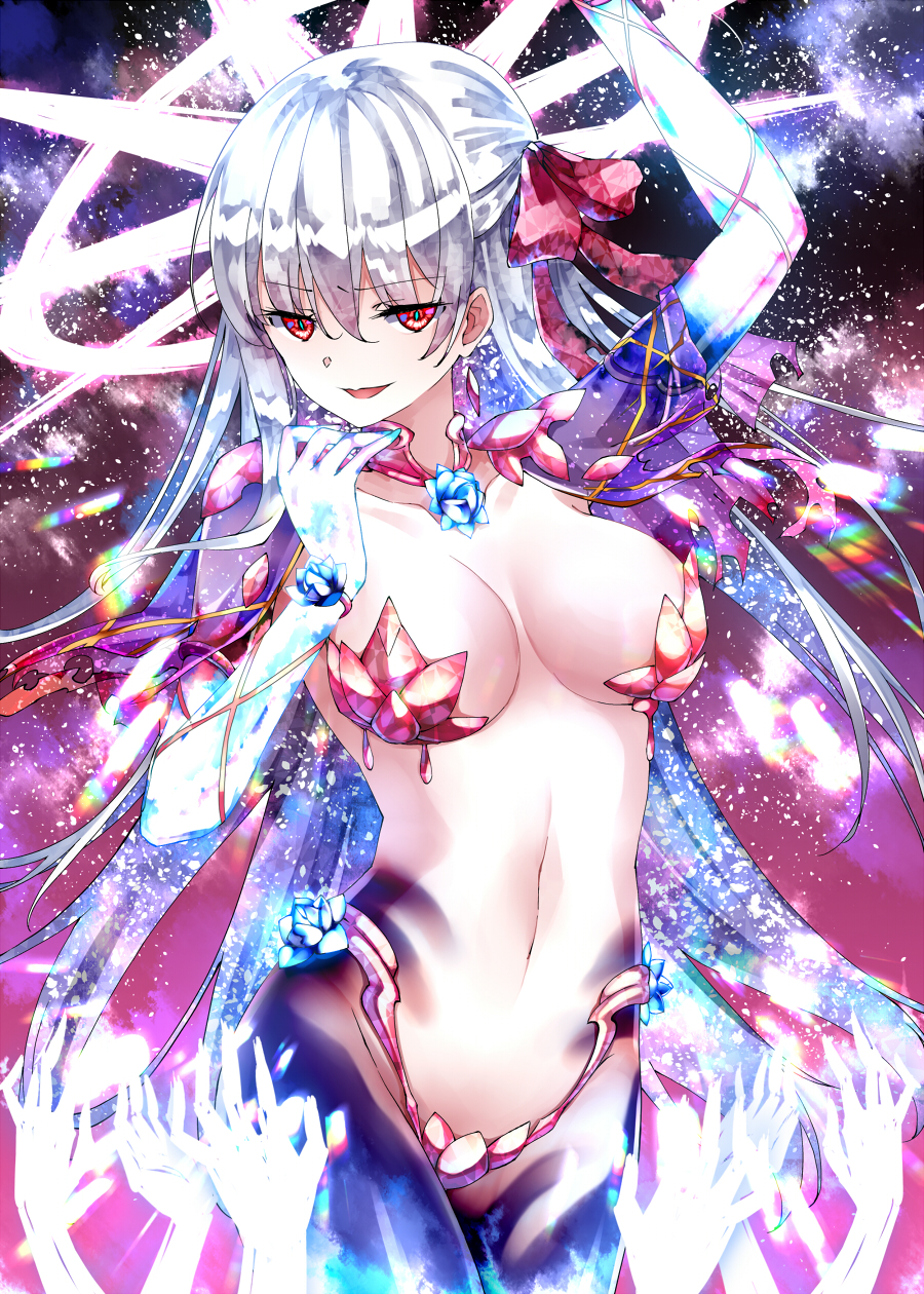 1girl breasts demon_girl fate/grand_order fate_(series) flower halo hands highres kama_(fate) large_breasts long_hair looking_at_viewer lotus lutecia_syndrome red_eyes revealing_clothes very_long_hair white_hair