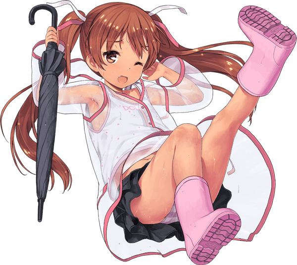 1girl black_skirt brown_hair child closed_umbrella eyebrows_visible_through_hair fang holding_umbrella kantai_collection navel official_art one_eye_closed open_mouth panties pink_boots pink_shoes skirt striped_panties thighs transparent_background umbrella white_background wink