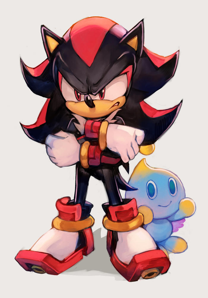 1boy 1other black_hair black_skin blue_skin chao_(sonic) colored_skin gloves hankuri hedgehog looking_at_viewer red_eyes serious shadow_the_hedgehog shoes smile sonic_(series) sonic_the_hedgehog spiky_hair white_gloves