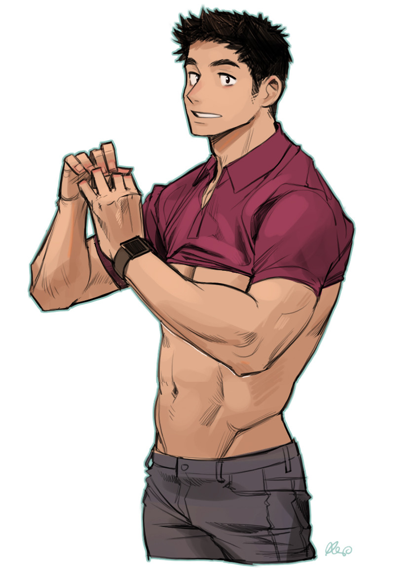 1boy black_hair clothes_lift grey_pants hands_up male_focus muscular muscular_male navel original pants parted_lips purple_shirt rinotuna shirt shirt_lift short_hair short_sleeves signature simple_background solo upper_body white_background