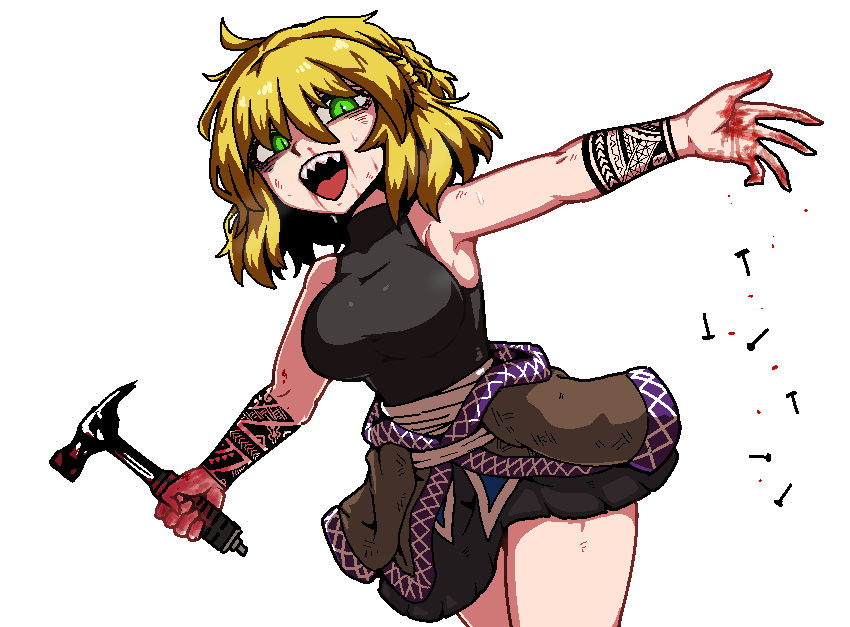 1girl bare_shoulders blonde_hair blood bloody_hands breasts formicid green_eyes hammer looking_at_viewer mizuhashi_parsee nail open_mouth pointy_ears sharp_teeth short_hair simple_background slit_pupils solo tattoo teeth touhou white_background