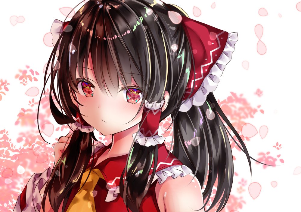 1girl :/ ascot blurry blush bow brown_hair depth_of_field frills hair_bow hair_tubes hakurei_reimu long_hair nanase_nao petals pink_eyes portrait red_vest simple_background solo touhou vest white_background
