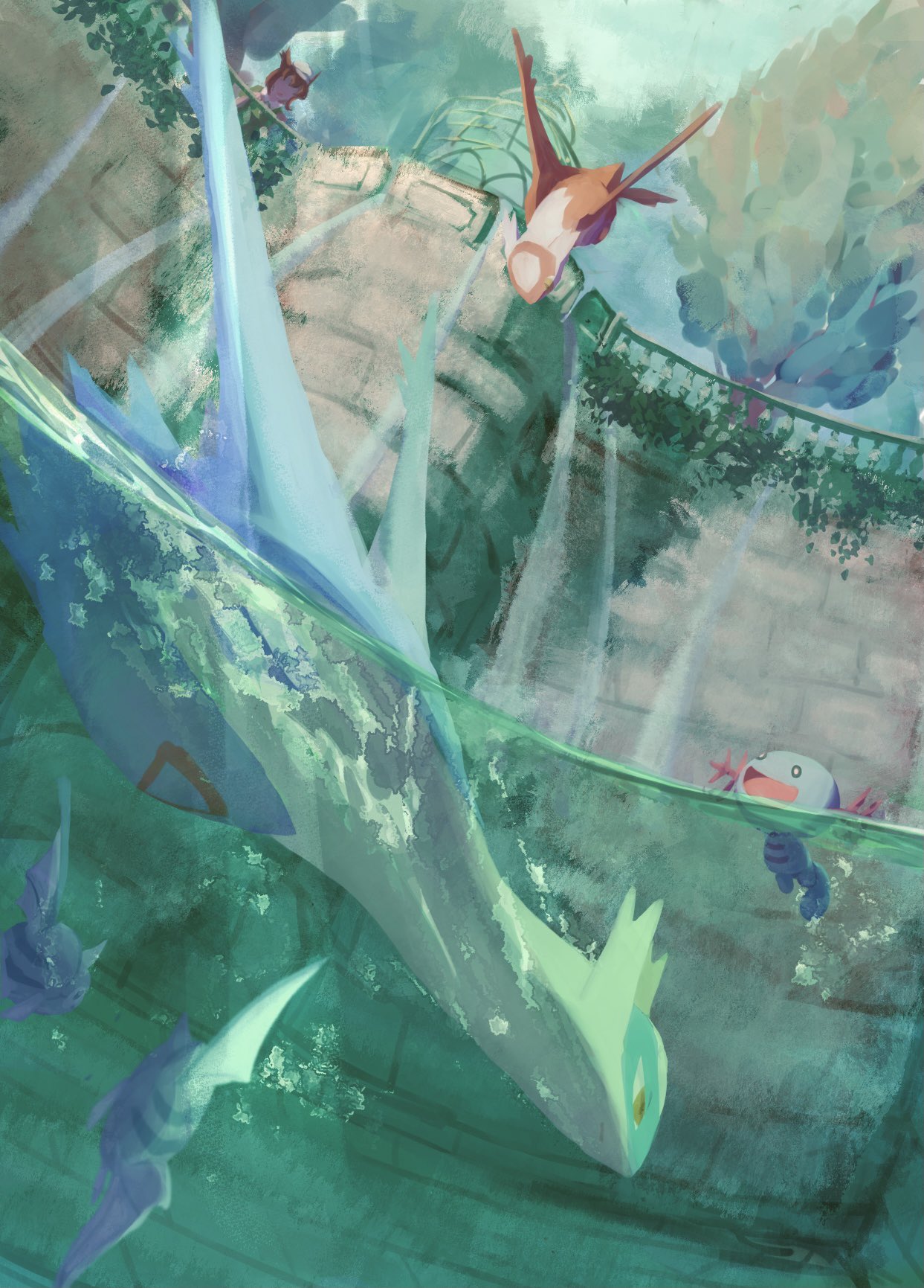 1girl :d afloat bianca_(pokemon_m05) brown_hair commentary_request day fence fish flying gen_2_pokemon gen_3_pokemon hat highres latias latios leaves_in_wind legendary_pokemon o_o open_mouth outdoors partially_underwater_shot pn_(ltpn_257) pokemon pokemon_(anime) pokemon_(classic_anime) pokemon_(creature) pokemon_m05 remoraid short_hair sky smile stone_wall tongue tree wall water wooper