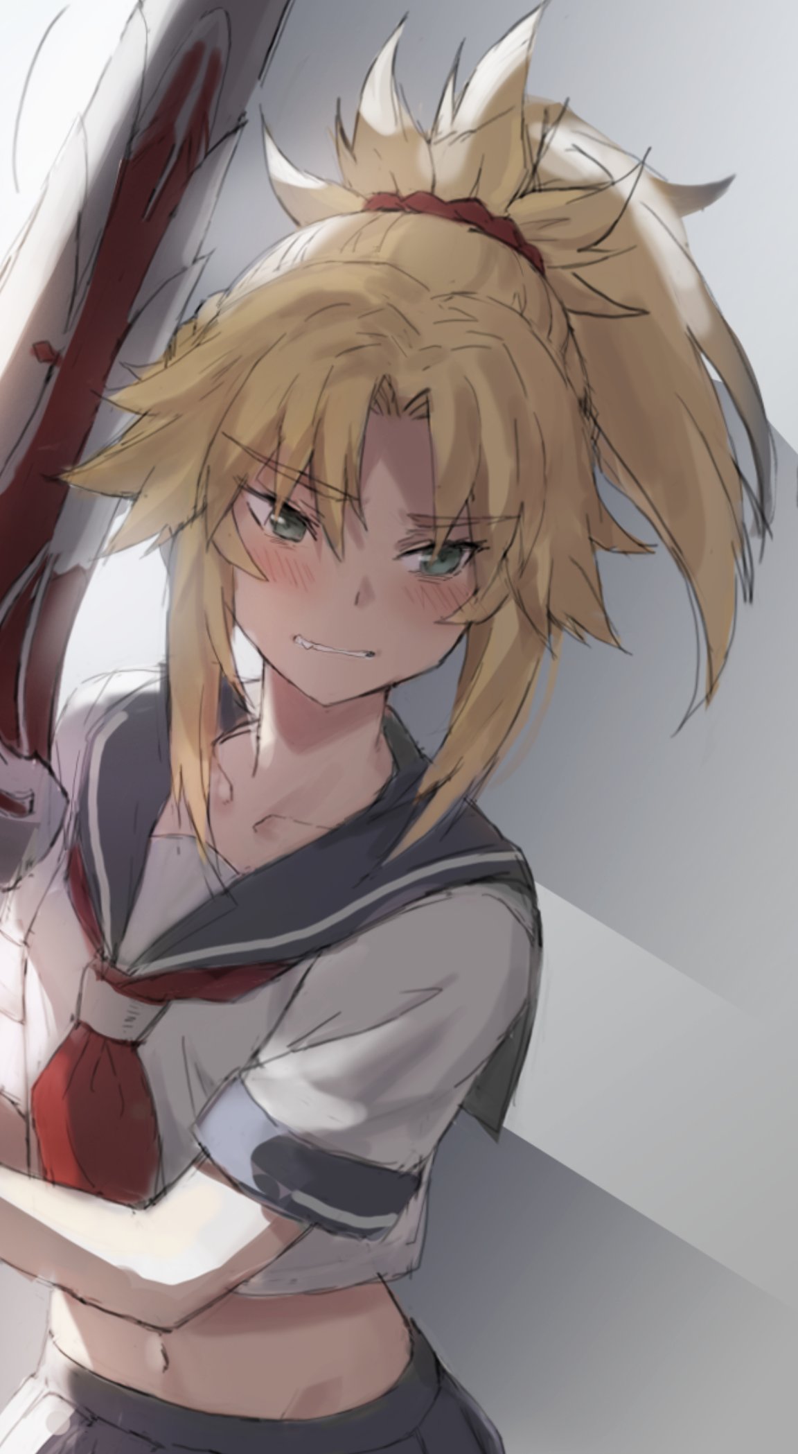 1girl bangs blonde_hair blue_sailor_collar blue_skirt blush braid breasts clarent_(fate) fate/apocrypha fate_(series) french_braid green_eyes hair_ornament hair_scrunchie highres long_hair mordred_(fate) mordred_(fate)_(all) navel neckerchief parted_bangs ponytail sailor_collar school_uniform scrunchie serafuku sidelocks skirt small_breasts sword tonee weapon