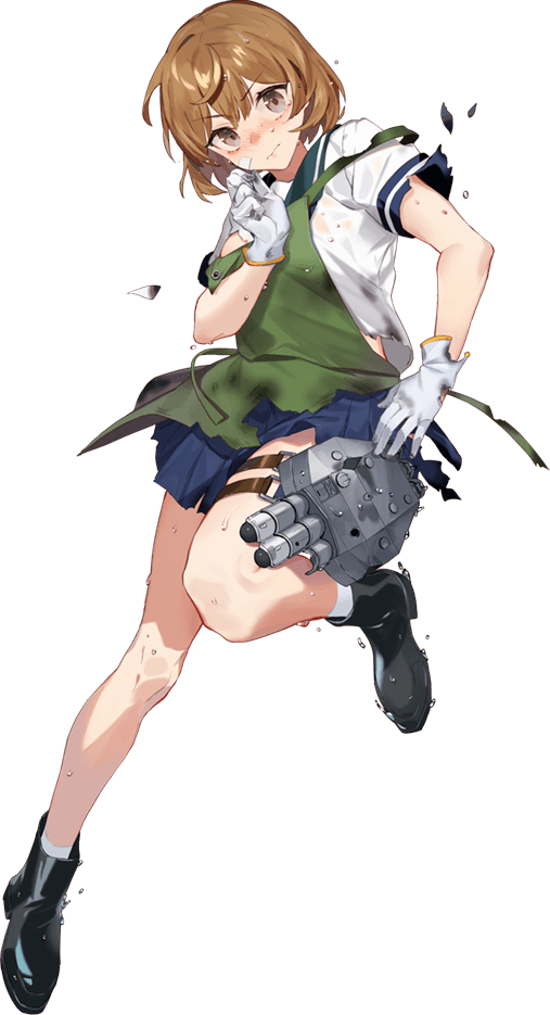 1girl blush brown_hair dirty_clothes eyebrows_visible_through_hair female kantai_collection official_art solo torn_clothes transparent_background weapon