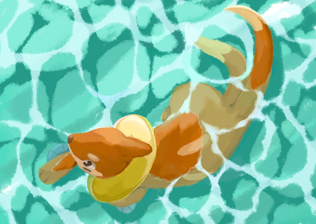 afloat black_eyes buizel commentary from_above full_body gen_4_pokemon looking_to_the_side no_humans outdoors pn_(ltpn_257) pokemon pokemon_(creature) swimming water