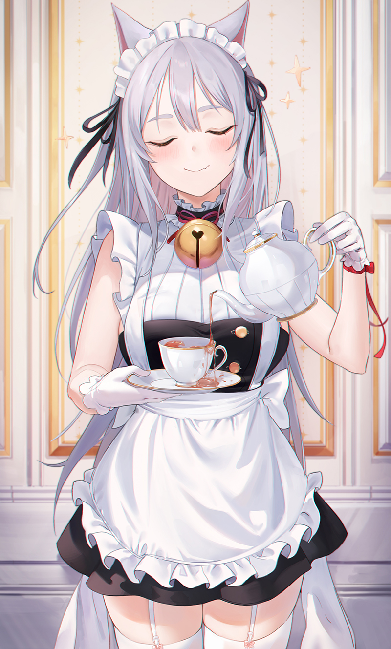 1girl animal_ears apron bare_shoulders barefoot black_dress breasts cat_ears closed_eyes closed_mouth cowboy_shot dress facing_viewer frilled_apron frills garter_straps highres maid maid_apron maid_headdress medium_breasts original pouring sleeveless sleeveless_dress smile solo standing thigh-highs tray white_legwear yumaomi zettai_ryouiki