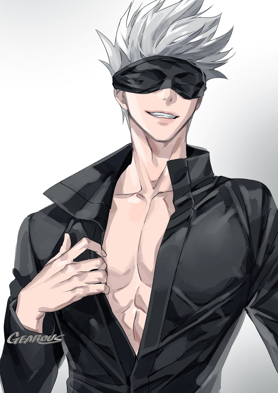 1boy artist_name black_blindfold black_jacket blindfold collarbone covered_eyes facing_viewer gearous gojou_satoru grin hand_up highres jacket jujutsu_kaisen long_sleeves male_focus open_clothes open_jacket short_hair simple_background smile solo upper_body white_background white_hair