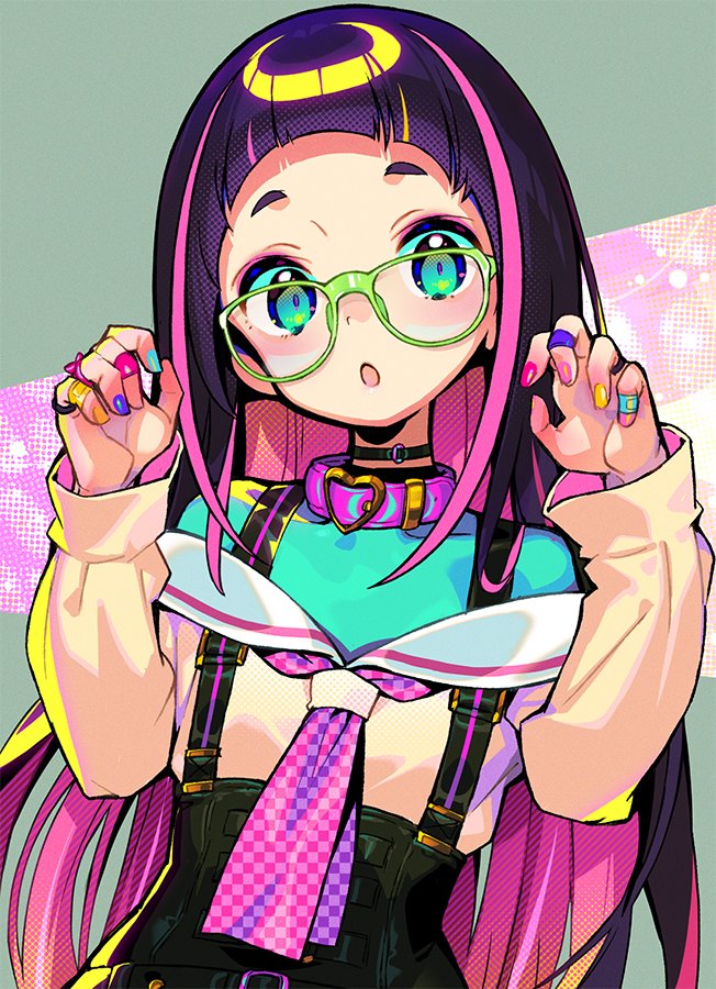 1girl :o bandaid bandaid_on_hand bangs black_choker blue_eyes choker claw_pose collar glasses green-framed_eyewear heart long_hair long_sleeves multicolored multicolored_hair multicolored_nails nail_polish onono_imoko original pink_collar pink_hair pink_neckwear purple_hair sailor_collar simple_background solo suspenders upper_body