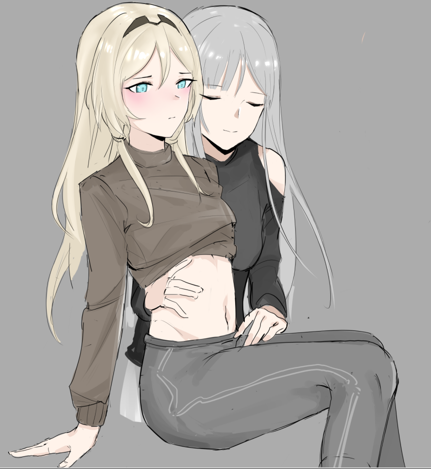 2girls ak-12_(girls_frontline) alternate_costume an-94_(girls_frontline) blonde_hair blue_eyes blush breasts closed_eyes closed_mouth fish_dumplings girls_frontline long_hair long_sleeves multiple_girls navel silver_hair simple_background sitting small_breasts yuri