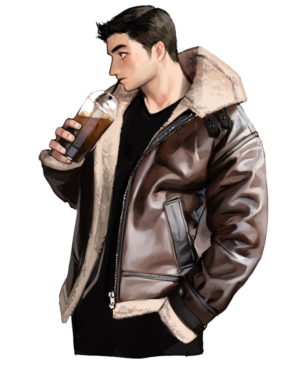 1boy black_hair black_pants black_shirt brown_jacket drink drinking drinking_straw hand_in_pocket highres jacket male_focus original pants profile rinotuna shirt short_hair simple_background solo white_background zipper zipper_pull_tab